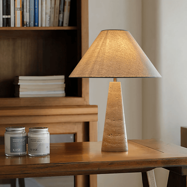 yellow travertine column table lamp off white shade