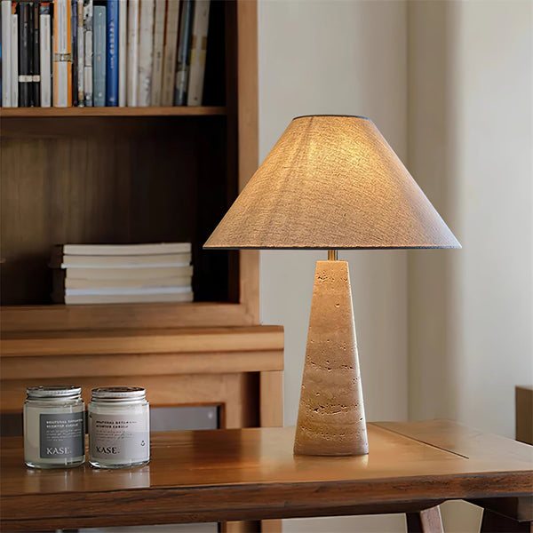 yellow travertine column table lamp off white shade