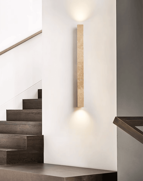 yellow travertine column wall sconce with dark walnut wood