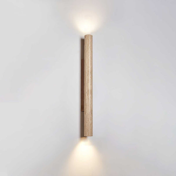 yellow travertine column wall sconce with dark walnut wood