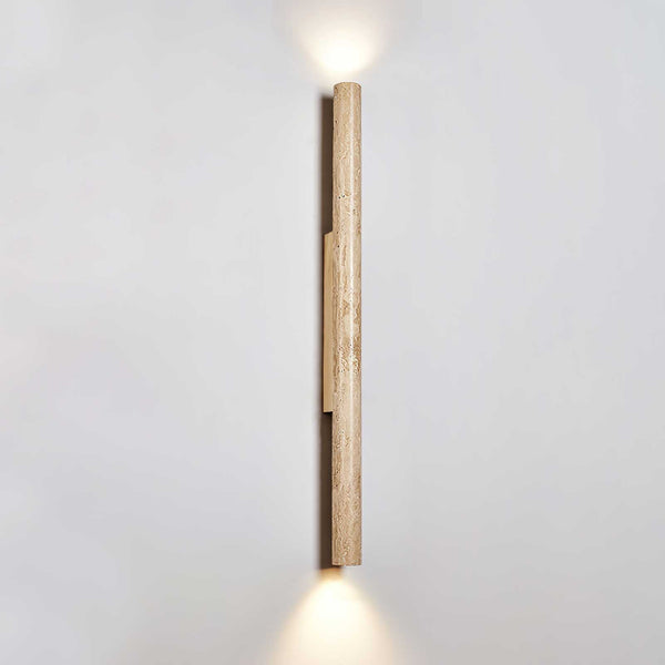 yellow travertine column wall sconce with dark walnut wood