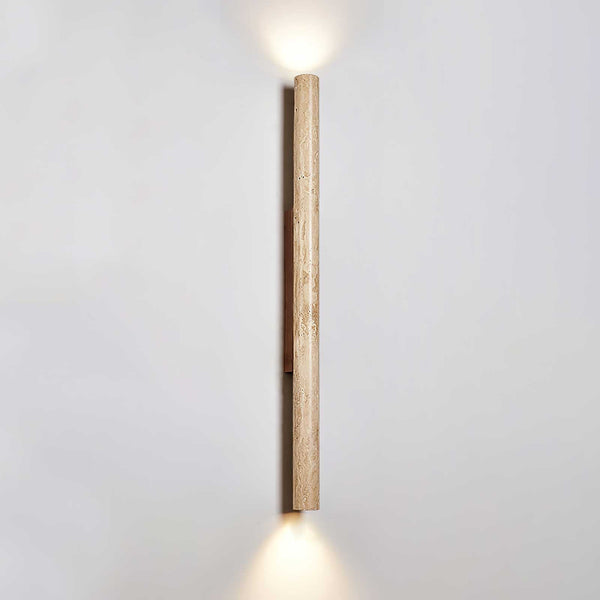 yellow travertine column wall sconce with dark walnut wood