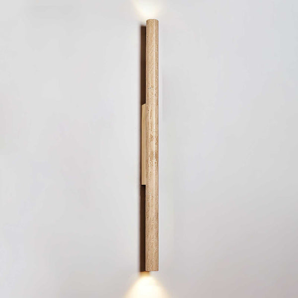 yellow travertine column wall sconce with dark walnut wood
