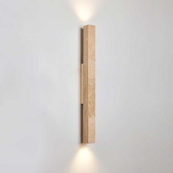yellow travertine column wall sconce with dark walnut wood