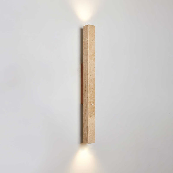 yellow travertine column wall sconce with dark walnut wood