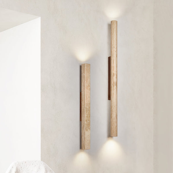 yellow travertine column wall sconce with dark walnut wood