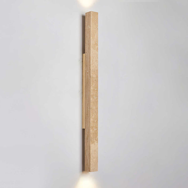 yellow travertine column wall sconce with dark walnut wood
