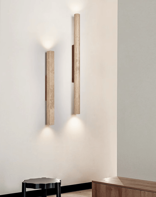 yellow travertine column wall sconce with dark walnut wood
