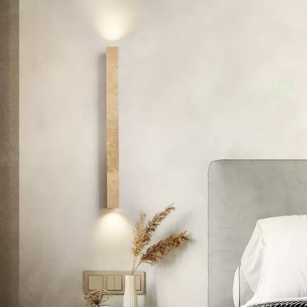 yellow travertine column wall sconce with dark walnut wood