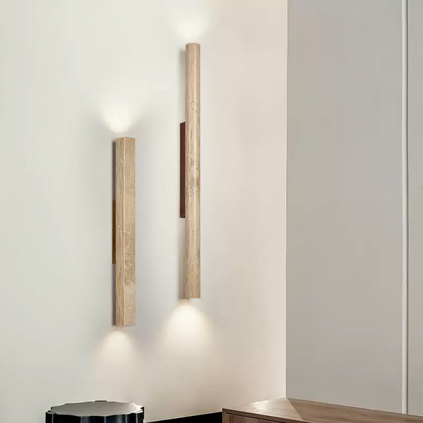 yellow travertine column wall sconce with dark walnut wood