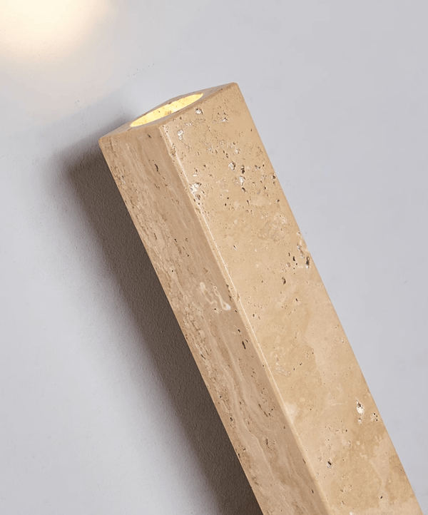 yellow travertine column wall sconce with dark walnut wood