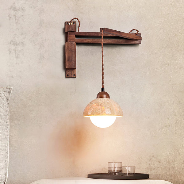 yellow travertine dome wall sconce walnut arm