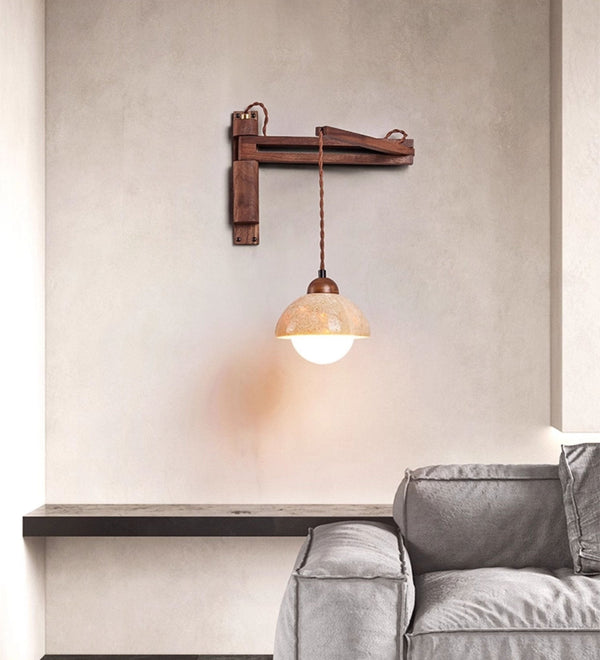 yellow travertine dome wall sconce walnut arm
