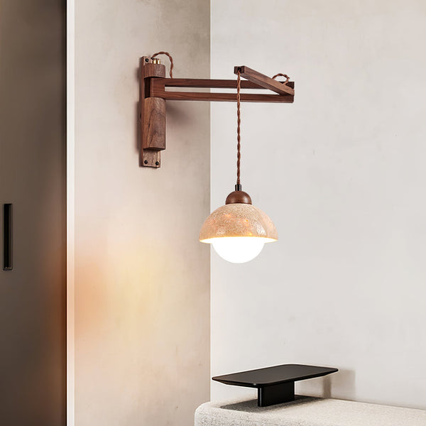 yellow travertine dome wall sconce walnut arm