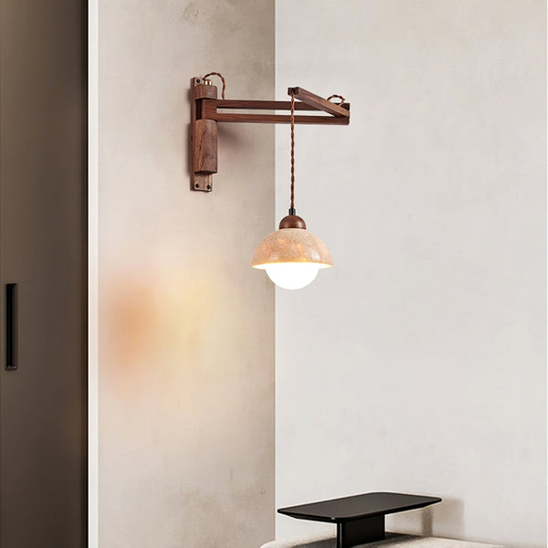 yellow travertine dome wall sconce walnut arm