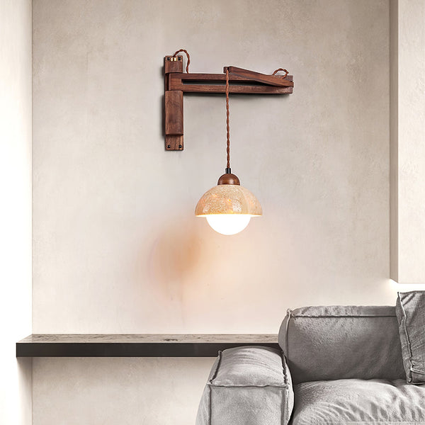 yellow travertine dome wall sconce walnut arm
