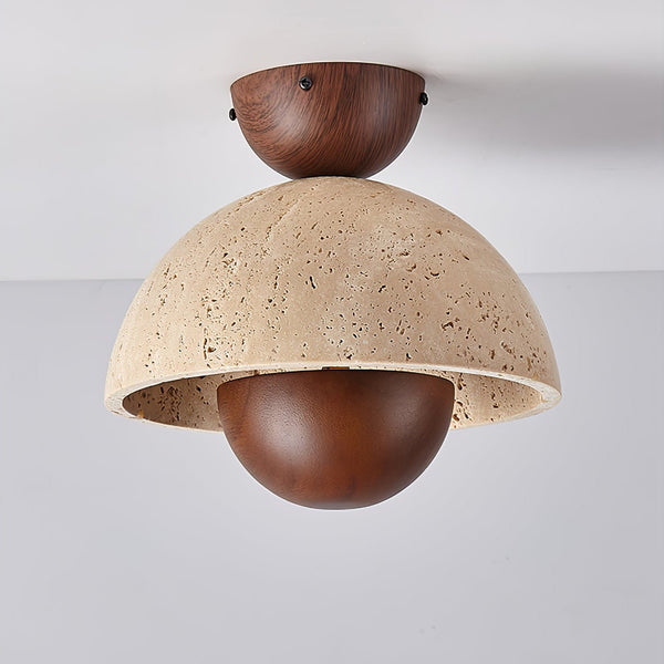 yellow travertine dome wood accent ceiling light