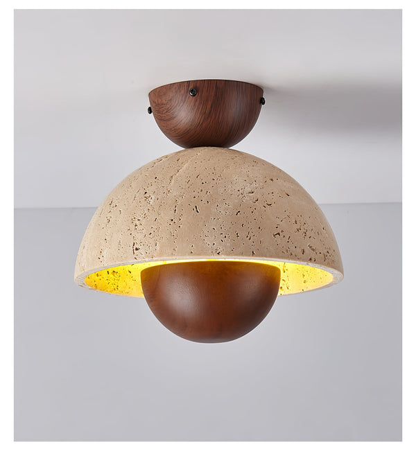 yellow travertine dome wood accent ceiling light