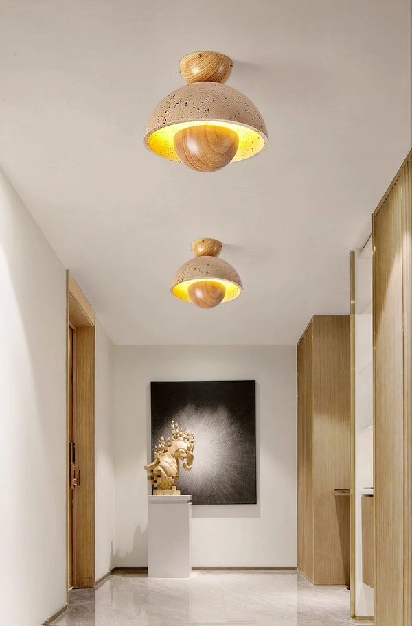 yellow travertine dome wood accent ceiling light