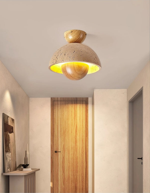 yellow travertine dome wood accent ceiling light