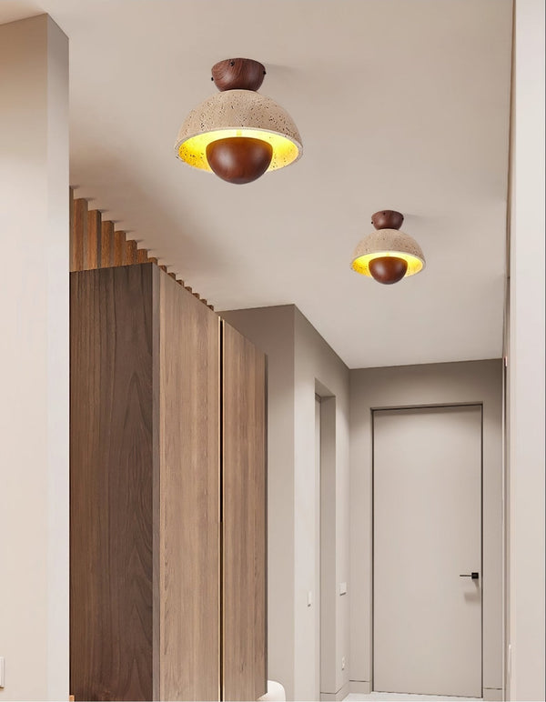 yellow travertine dome wood accent ceiling light