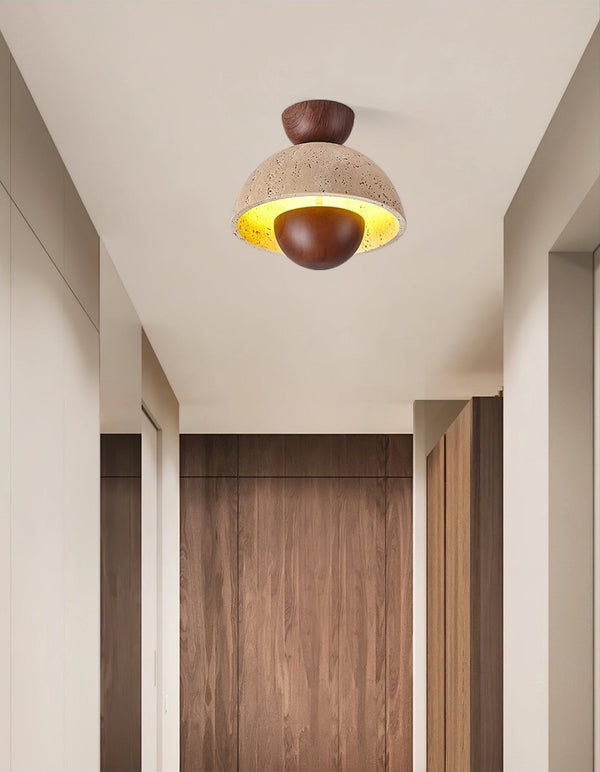 yellow travertine dome wood accent ceiling light