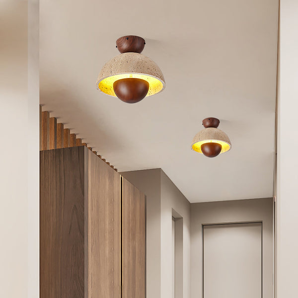 yellow travertine dome wood accent ceiling light