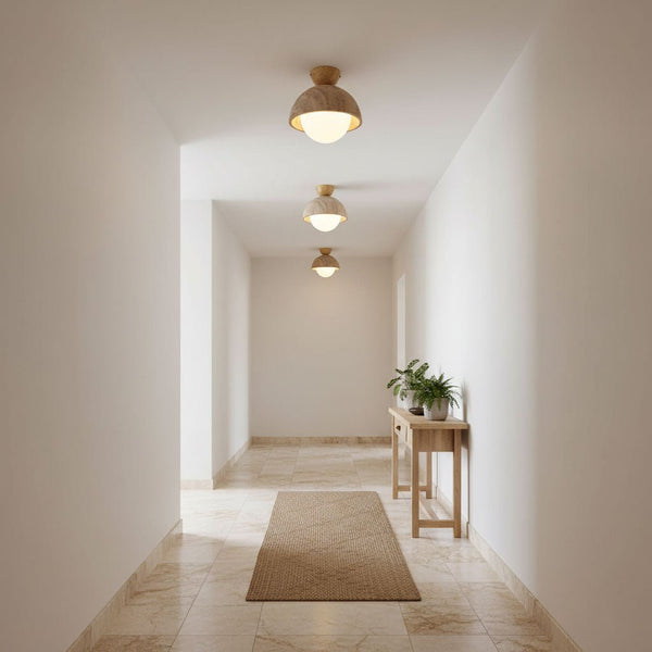 yellow travertine dome wood accent ceiling light