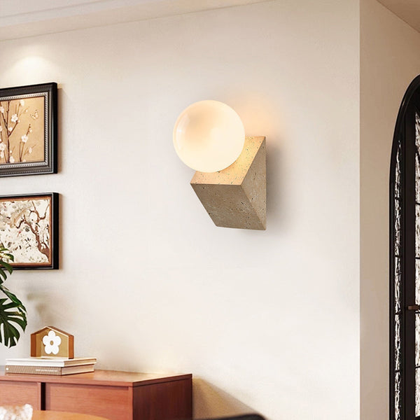 yellow travertine opal glass orb wall sconce