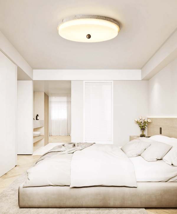 yellow travertine orb flush mount ceiling light