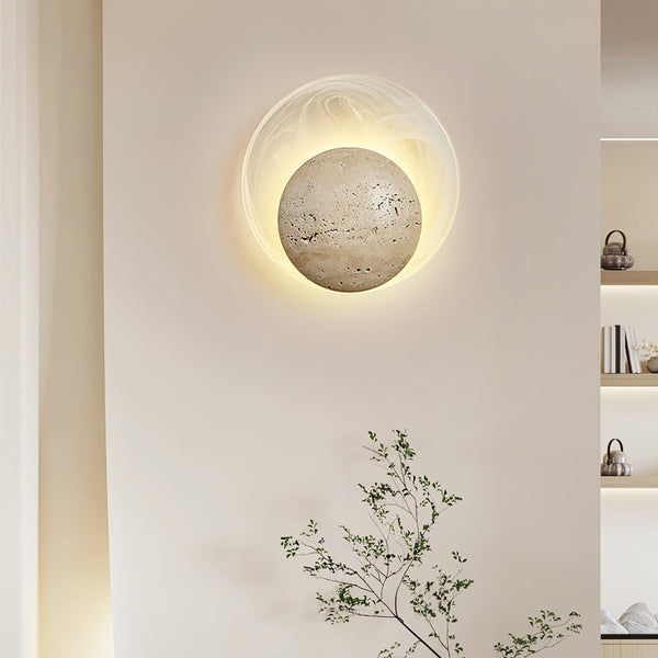 yellow travertine sphere led wall sconce