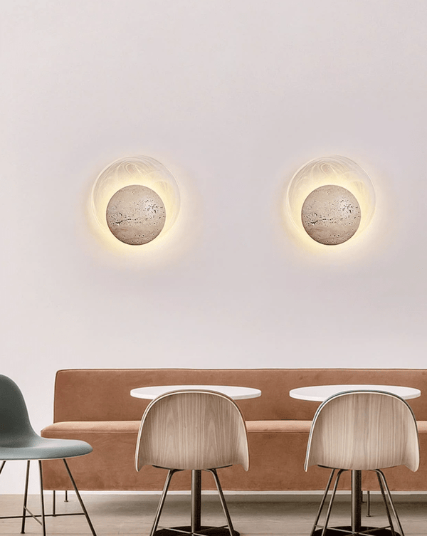 yellow travertine sphere led wall sconce