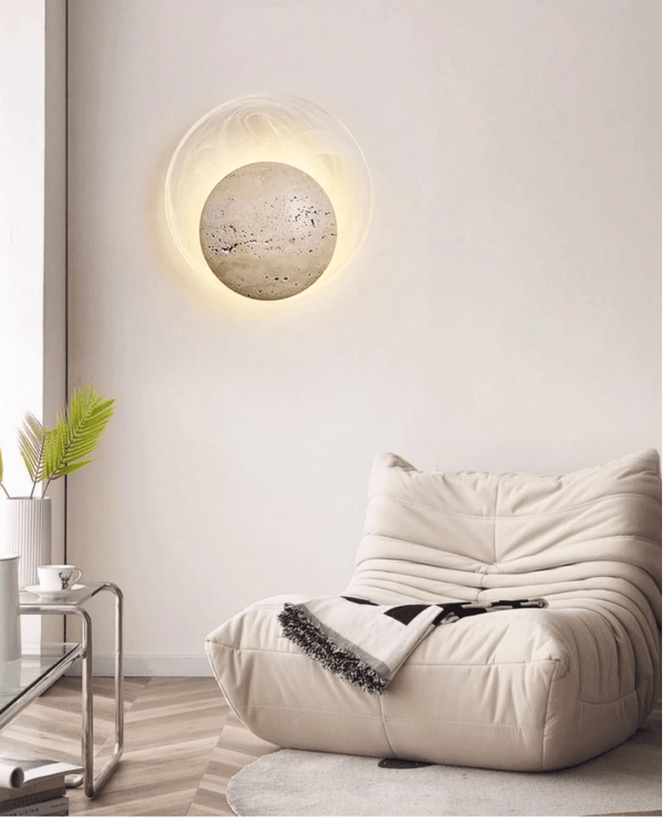 yellow travertine sphere led wall sconce