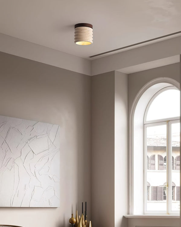 yellow travertine walnut drum flush mount ceiling light