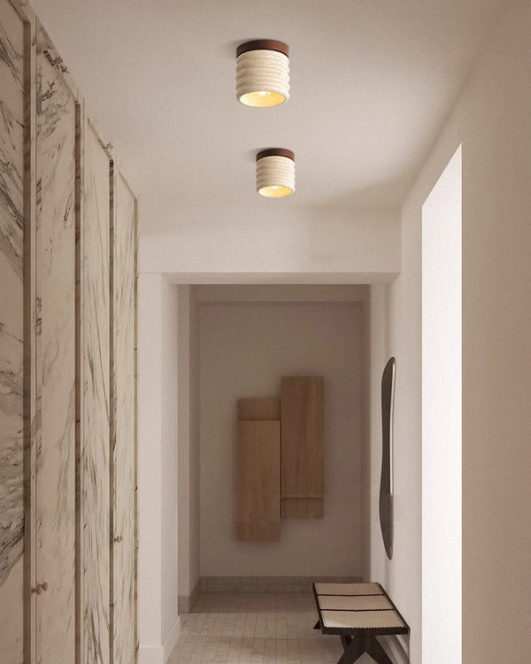 yellow travertine walnut drum flush mount ceiling light