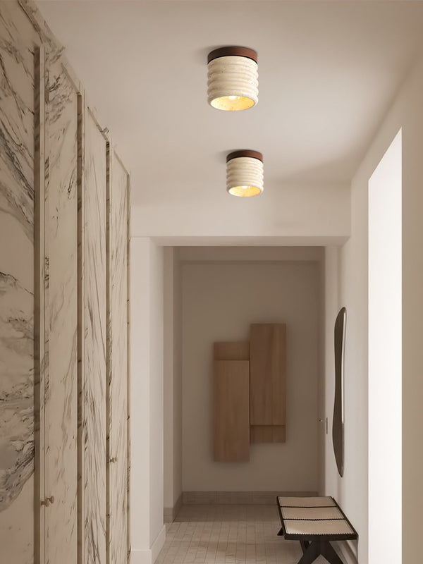 yellow travertine walnut drum flush mount ceiling light