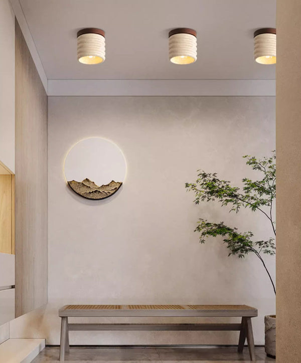 yellow travertine walnut drum flush mount ceiling light