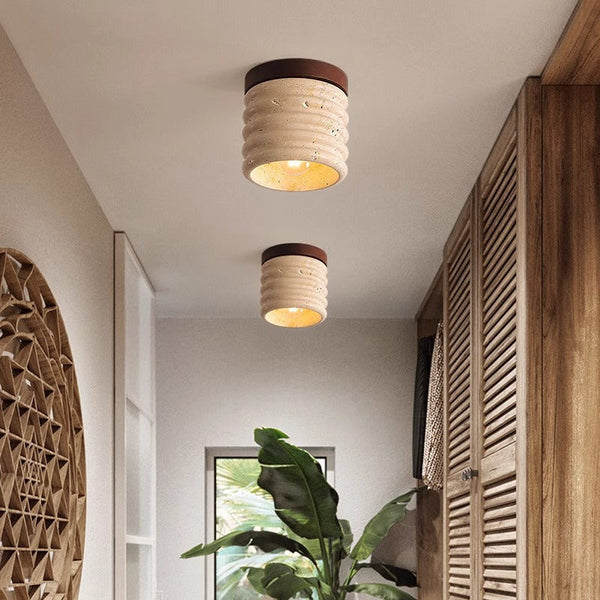 yellow travertine walnut drum flush mount ceiling light