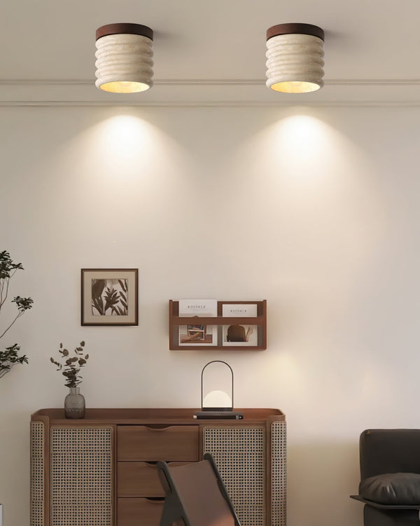 yellow travertine walnut drum flush mount ceiling light