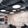 Round LED pendant light for office with iron frame and acrylic shade
