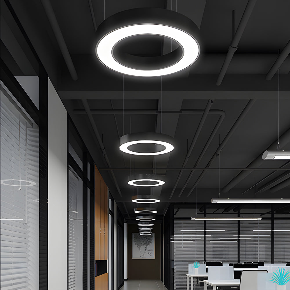 Modern round ring LED pendant light in black or white for offices and gyms