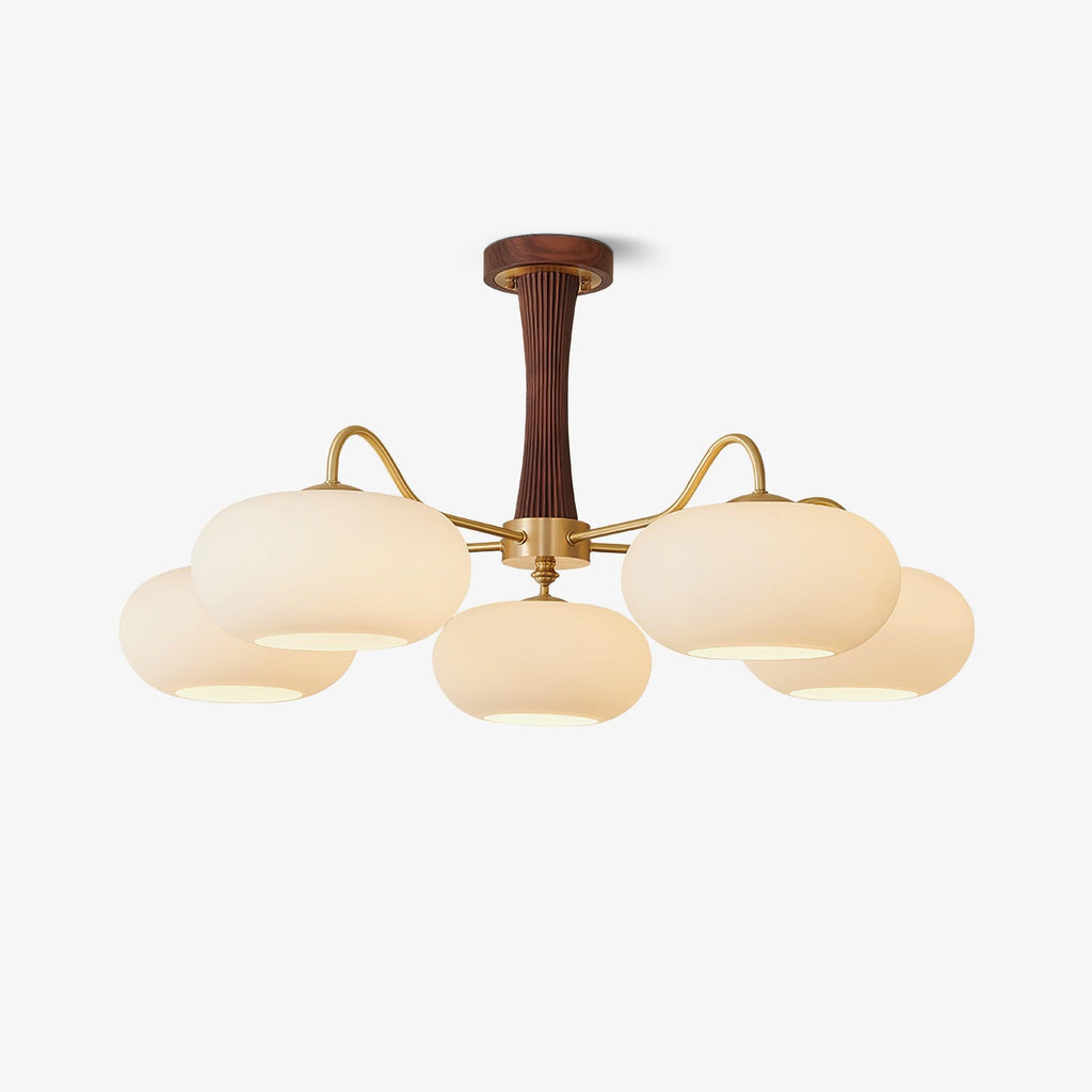 Brass and wood persimmon ceiling light with a white shade