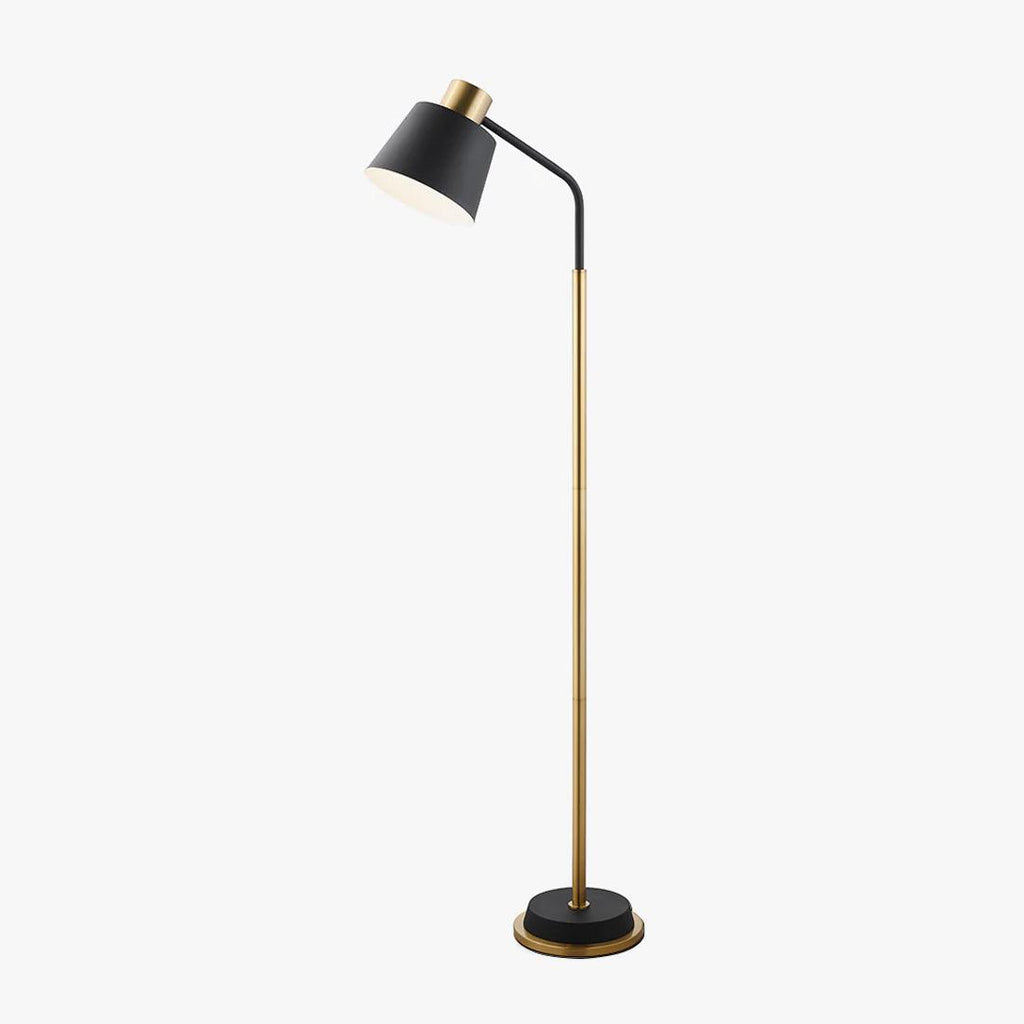 Gold mid-century modern floor lamp with adjustable shade in a contemporary living room