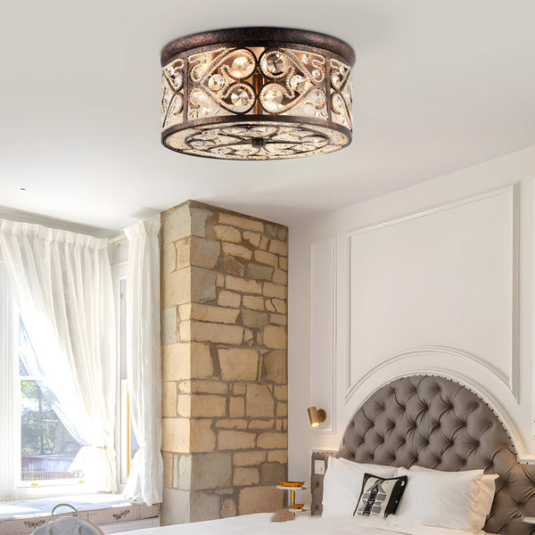 American 13 In Drum Bronze Crystal Flush Mount Ceiling Lights
