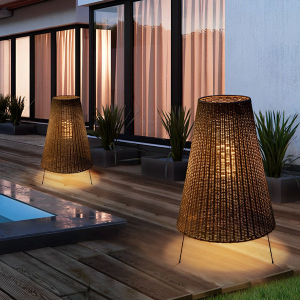 Rattan Shaded Tripod Metal And 1 Light Outdoor Floor Lamp