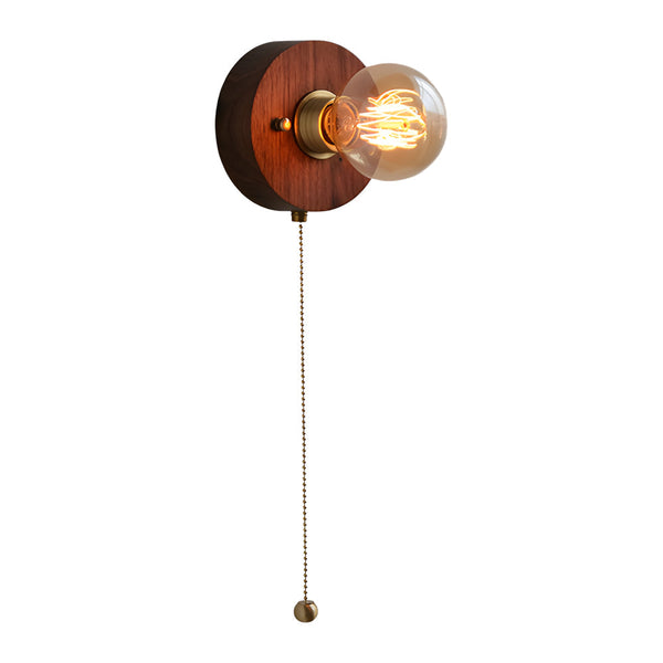 Round Square Vintage Walnut Wood Wall Lamp 1 Light With Pull Chain Switch