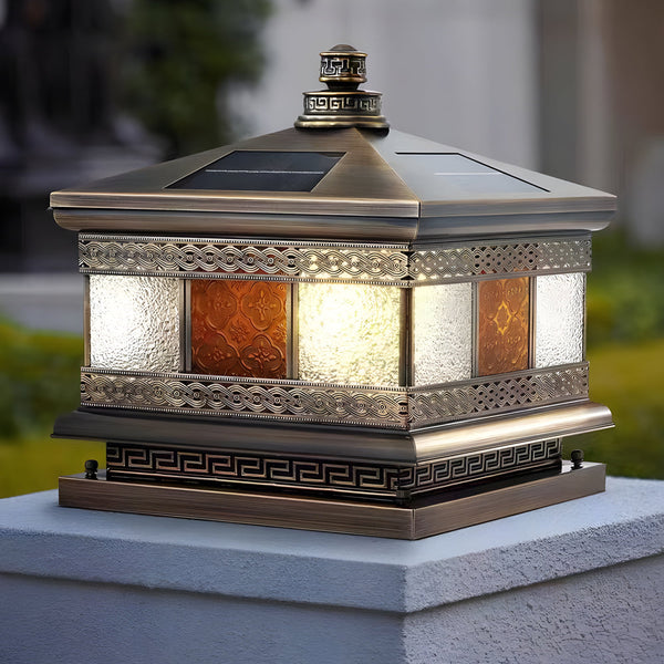 European Square Hardwired Solar Copper Outdoor Column Light With Glass Shade Bronze