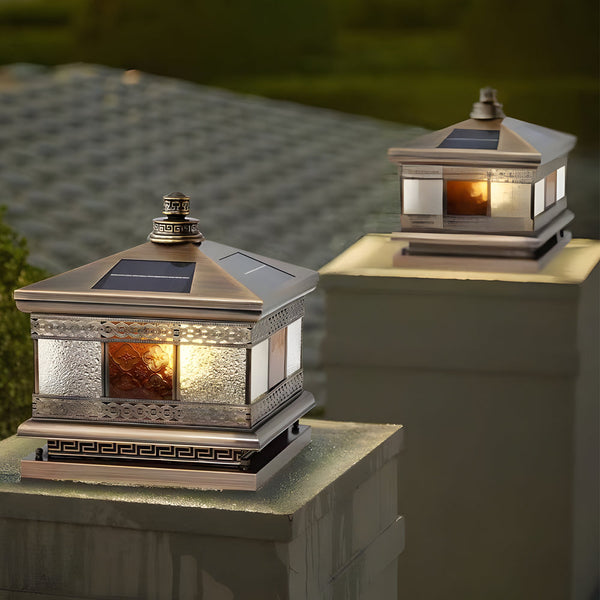 European Square Hardwired Solar Copper Outdoor Column Light With Glass Shade Bronze