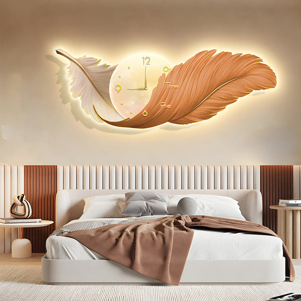 2 In 1 Wall Feather Painting Hanging Decor Led Wall Lamp Wall Clock