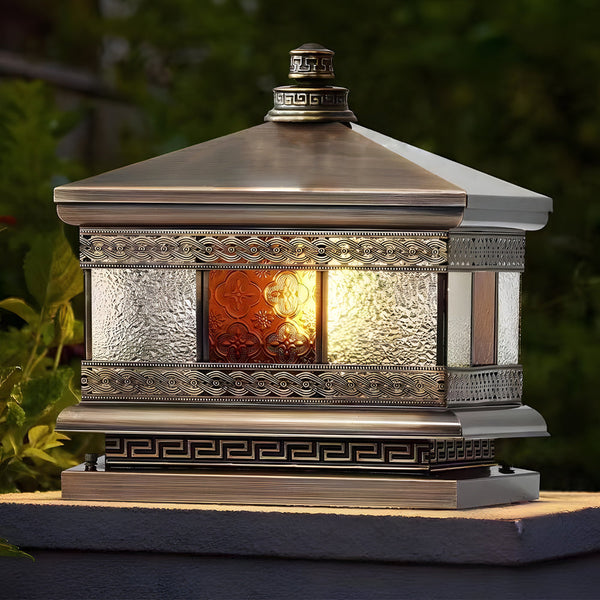 European Square Hardwired Solar Copper Outdoor Column Light With Glass Shade Bronze